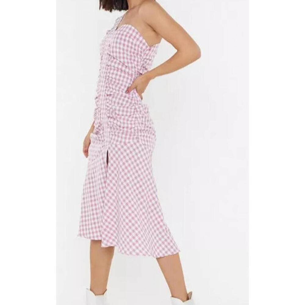 Nasty Gal‎ Pink Gingham Ruched One Shoulder Midi Dress US 6  Summer Slit - Picture 3 of 11